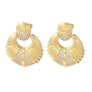 Rack Plating Brass Micro Pave Cubic Zirconia Dangle Stud Earrings, Double Horn, Real 16K Gold Plated, 31x24.5mm