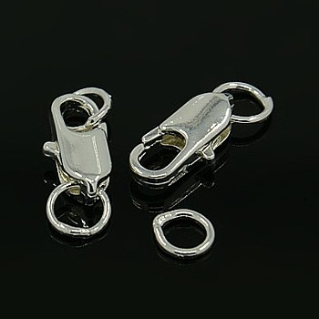 Brass Lobster Claw Clasps, Cadmium Free & Lead Free, Silver, 16x6mm, Hole: 2.5mm