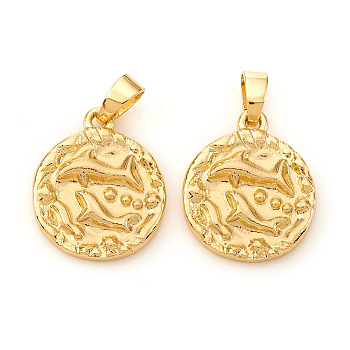 Brass Pendants, Textured, Flat Round with Constellation/Zodiac Sign, Real 18K Gold Plated, Pisces, 16.5x14x2mm, Hole: 5x2.5mm