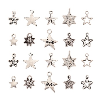 100Pcs 10 Styles Tibetan Style Alloy Star Charms, Cadmium Free & Lead Free, Antique Silver, 12.5x9x2.5mm, Hole: 2.5mm, 10pcs/style