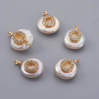 Natural Cultured Freshwater Pearl Pendants, with Micro Pave Cubic Zirconia, Brass Findings, Long-Lasting Plated, Letter, Real 18K Gold Plated, Letter.O, 14~28x9~16x5~9mm, Hole: 1.5mm