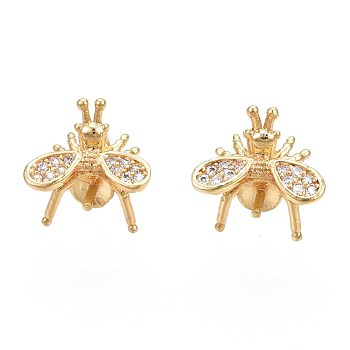 Brass Micro Pave Cubic Zirconia Stud Earring Findings, with 925 Sterling Silver Pins, for Half Drilled Bead, Nickel Free, Mosquito Shape, Real 18K Gold Plated, Clear, 11x11mm, Pin: 0.8mm, Pin: 0.8mm(for half drilled beads)