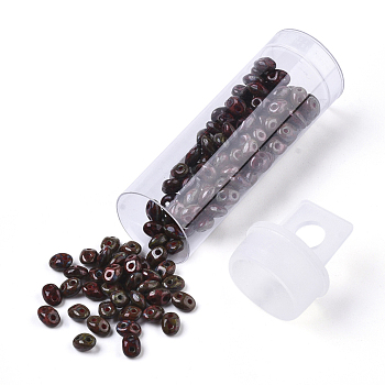 2-Hole Seed Beads, Czech Glass Beads, Opaque Baking Paint Style, FireBrick, 5x3.5~3.8x2.5~2.8mm, Hole: 0.9mm, about 10g/bottle