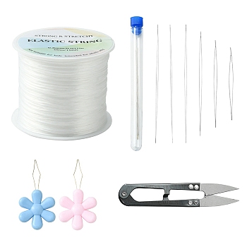 High Carbon Steel Big Eye Beading Needle, with Sharp Steel Scissors, Elastic Crystal String and Steel Sewing Needle Devices, Mixed Color