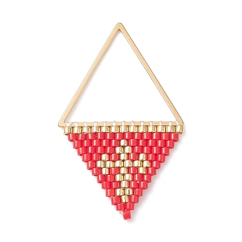 Handmade Japanese Seed Beads Pendants, Triangle with Cross Charms, Red, 37~38x23x2mm, Hole: 17x20mm