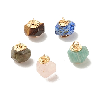 Natural Mixed Stone Pendants, with Light Gold Tone Copper Wire, Faceted, Mixed Dyed and Undyed, Rondelle, 15~17.5x14~16x12~14mm, Hole: 2~3mm