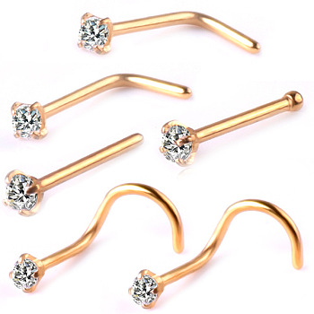 6Pcs 6 Style Clear Cubic Zirconia Nose Studs, 316 Surgical Stainless Steel Fishtail & L-shape & Nose Bone Rings, Nose Piercing Jewelry for Women, Golden, 7~8mm, Pin: 0.8mm, 1Pc/style