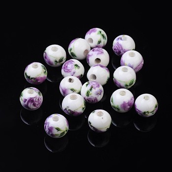 Handmade Printed Porcelain Beads, Round, Orchid, 8mm, Hole: 2mm