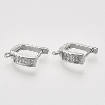 Brass Micro Pave Cubic Zirconia Hoop Earring Findings with Latch Back Closure, Nickel Free, with Horizontal Loop, Rectangle, Real Platinum Plated, 14x4.5x11.5mm, Hole: 1.2mm, Pin: 1mm.