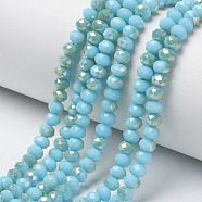 Electroplate Opaque Glass Beads Strands, Half Rainbow Plated, Faceted, Rondelle, Cyan, 4x3mm, Hole: 0.4mm, about 123~127pcs/strand, 16.5~16.9 inch(42~43cm)(EGLA-A034-P4mm-H09)
