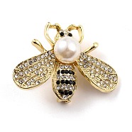 Bee Alloy Brooch with Resin Pearl, Exquisite Rhinestone Insect Lapel Pin for Girl Women, Golden, Jet, 29x40x12.5mm, Pin: 0.8mm(JEWB-O009-03)