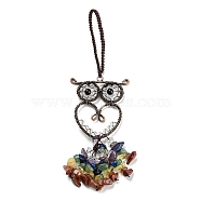 Wire Wrapped Brass Owl & Natural Quartz Crystal Pendant Decoration, Braided Nylon Thread and Gemstone Chip Tassel Hanging Ornaments, 160~180mm(HJEW-C006-01A)