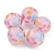 Round Lampwork Beads, Plum Flower Petal Pattern, with Hole, Pink, 12mm, Hole: 1.8mm(LAMP-H059-A06)