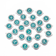 Alloy Enamel Links Connectors, with Crystal Rhinestones, Flat Round with Letter, Silver Color Plated, Cadmium Free & Lead Free, Random Mixed Letters, 22x16x2mm, Hole: 1.8mm(ENAM-T013-01-RS)