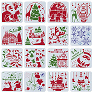 16Pcs 16 Styles Christmas PET Plastic Hollow Out Drawing Painting Stencils Templates, Square with Christmas Theme Pattern, Mixed Shapes, 130x130x0.2mm, 1pc/style(DIY-WH0349-63)