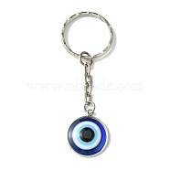 Flat Round with Evil Eye Resin & 304 Stainless Steel Pendant Keychain, with Iron Key Ring, Blue, 7.4cm(KEYC-JKC00645)