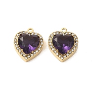 304 Stainless Steel Pendants, with Glass and Rhinestone, Heart Charms, Purple, 16x14x5.7mm, Hole: 1.4mm(STAS-L022-081G-06)