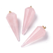 Natural Rose Quartz Pendants, with Brass Findings, Faceted, 12 Facets Cone/Spike/Pendulum, Real 18K Gold Plated, 42~44x15~16mm, Hole: 3.6x4mm(G-Z026-01E)