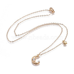 Brass Pendants Necklaces, with 304 Stainless Steel Findings and Cubic Zirconia, Moon and Star, Golden, 17.2 inch(43.7cm), 1.6mm(NJEW-JN02385-01)