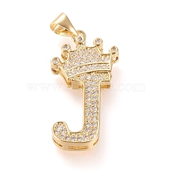 Brass Micro Pave Cubic Zirconia Pendants, Long-Lasting Plated, with Snap on Bail, Letter.J with Crown, Real 18K Gold Plated, Clear, Letter.J, J: 28x14x4mm, Hole: 3x4mm(KK-R138-002J)