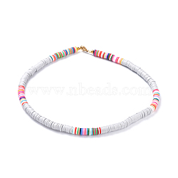 Handmade Polymer Clay Heishi Beaded Necklaces, with Brass Spacer Beads and 304 Stainless Steel Findings, Gray, 15.9~16.1 inch(40.5~41cm)(NJEW-JN02448-05)