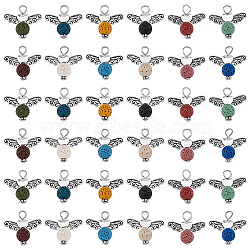 48Pcs 12 Colors Natural Lava Rock Dyed Pendants, Round Charms with Antique Silver Plated Alloy Wings, 21x24x8mm, Hole: 3.5mm, 4pcs/style(PALLOY-AB00121)