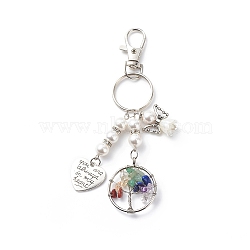 Chakra Tree Of Life Natural/Synthetic Mixed Stone Pendant Keychain, with Pearl Angel Charms and Heart with Word Charms for Woman Man, Platinum, 8.9cm(KEYC-JKC00397)