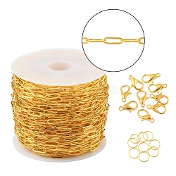 DIY Paperclip Chain Necklace Making Kit, Including Brass Paperclip Chains & Jump Rings, Zinc Alloy Lobster Claw Clasps, Golden, Chain: 7.5x3x0.5mm, about 32.81 Feet(10m)/roll, 1roll/bag(DIY-YW0005-34)