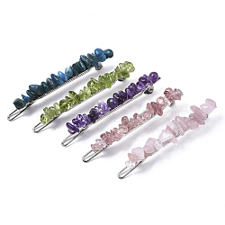 Platinum Plated Alloy French Hair Barrettes, with Natural Mixed Gemstone Chips, Cadmium Free & Lead Free, 67x10~11x12mm(PHAR-T003-01)