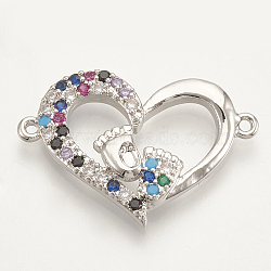 Brass Micro Pave Cubic Zirconia Links, Heart with Footed, Colorful, Platinum, 18x26.5x3.5mm, Hole: 1.2mm(ZIRC-S061-39P)