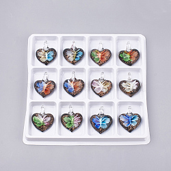 Handmade Gold Sand Lampwork Pendants, Inner Flower, Heart, Mixed Color, 41~46x36~38x15~16mm, Hole: 8mm, Box Size: 20x19.5x1.3cm, about 12pcs/box(LAMP-S189-16-B)