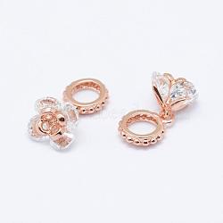 Brass Micro Pave Cubic Zirconia European Dangle Charms, Flower, Cadmium Free & Nickel Free & Lead Free, Real Rose Gold Plated, 14mm, Hole: 4.5mm(ZIRC-P067-12RG-NR)