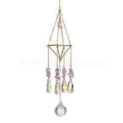 Brass Pouch Pendant Decoration, Glass Teardrop and Natural Amethyst Chip Charm, for Home Decoration, Golden, 310mm(HJEW-TA00088)