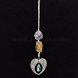 Nuggets Natural Amethyst & Natural Tiger Eye Pouch Pendant Decorations, Wing with Teardrop Alloy & Glass Charm for Home Car Hanging Decorations, 275x65mm(PW-WG26108-01)