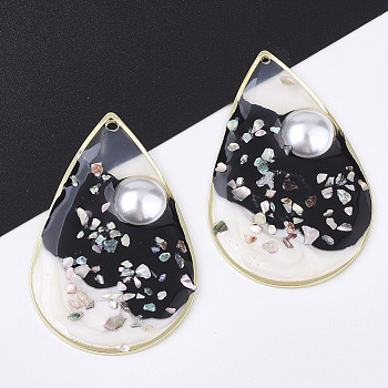 Epoxy Resin Pendants, with ABS Plastic Imitation Pearl and Shell, Brass Findings and Enamel, teardrop, Golden, Black, 47x30x6mm, Hole: 1.5mm
