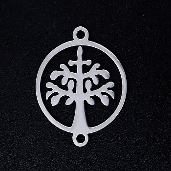 201 Stainless Steel Links connectors, Circle with Tree of Life, Stainless Steel Color, 19.5x15x1mm, Hole: 1.4mm