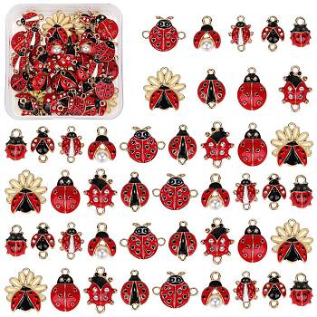 DIY Ladybug Jewelry Making Finding Kit, Including 45Pcs 9 Style Alloy Enamel Connector Charms & Pendants, with Crystal Rhinestones and ABS Plastic Imitation Pearl Beaded, FireBrick, 12.5~23x9~21x3~7mm, Hole: 1.5~2.3mm, 5Pcs/style