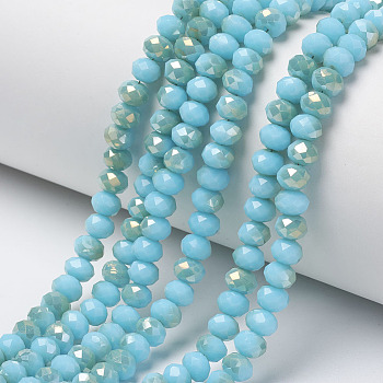 Electroplate Opaque Glass Beads Strands, Half Rainbow Plated, Faceted, Rondelle, Cyan, 4x3mm, Hole: 0.4mm, about 123~127pcs/strand, 16.5~16.9 inch(42~43cm)