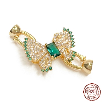 925 Sterling Silver Micro Pave Teal Cubic Zirconia Fold Over Clasps, Bowknot, Real 18K Gold Plated, 35mm, Hole: 4mm