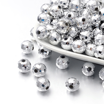 Faceted Round Plated Acrylic Beads, Silver Plated, 10mm, Hole: 1.5mm, about 800pcs/pound