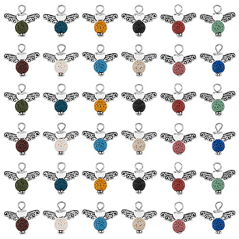 48Pcs 12 Colors Natural Lava Rock Dyed Pendants, Round Charms with Antique Silver Plated Alloy Wings, 21x24x8mm, Hole: 3.5mm, 4pcs/style