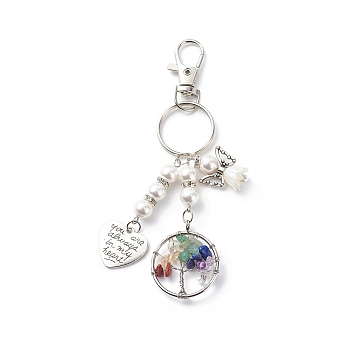 Chakra Tree Of Life Natural/Synthetic Mixed Stone Pendant Keychain, with Pearl Angel Charms and Heart with Word Charms for Woman Man, Platinum, 8.9cm