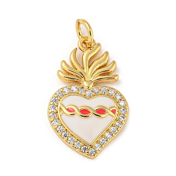 Rack Plating Brass Micro Pave Cubic Zirconia Pendants, with Enamel & Jump Ring, Cadmium Free & Lead Free, Long-Lasting Plated, Real 18K Gold Plated, Sacred Heart, Deep Pink, 22x13.5x3mm, Hole: 3.4mm