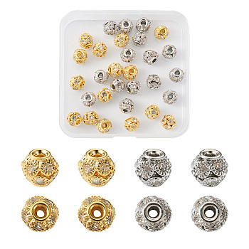 30 Pcs 2 Colors Brass Beads, with Grade A Rhinestone, Rondelle, Mixed Color, 8x8mm, Hole: 2mm, 15pcs/color