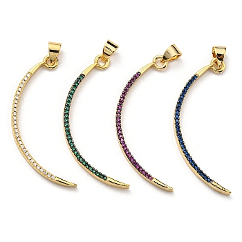 Brass with Cubic Zirconia Pendants, Long-Lasting Plated, Lead Free & Cadmium Free, Real 18K Gold Plated, Bent Stick, Mixed Color, 37.5x13x2.5mm, Hole: 4.5x3.2mm