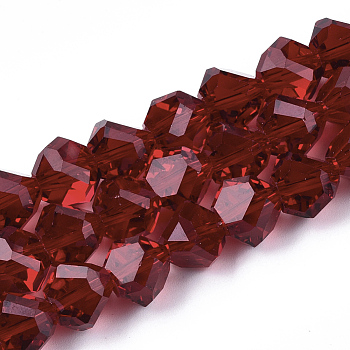 Glass Beads Strands, Faceted, Triangular Pyramid, Dark Red, 9x9x9mm, Hole: 1.5mm, about 50pcs/strand, 17.3 inch