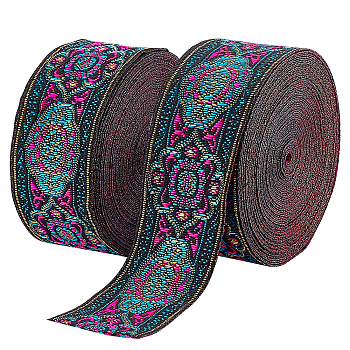 Ethnic Style Embroidery Polyester Ribbons, Jacquard Ribbon, Tyrolean Ribbon, Garment Accessories, Flower Pattern, Fuchsia, 1-3/8 inch(34mm), 0.5mm, about 7.66 Yards(7m)/pc