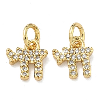 Brass Micro Pave Clear Cubic Zirconia Pendants, Cadmium Free & Lead Free, Rack Plating, Long-Lasting Plated, Chai Symbol Charms, Real 18K Gold Plated, 8.5x8.5x2mm, Hole: 3mm