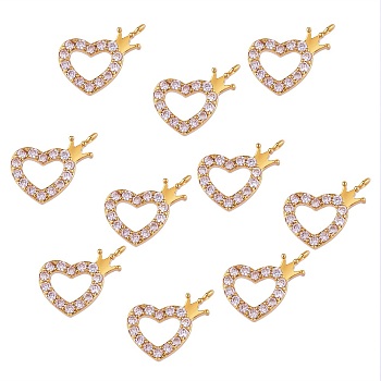 Brass Micro Pave Clear Cubic Zirconia Pendants, Heart with Crown, Real 18K Gold Plated, 14x16x3mm, Hole: 1mm, 10pcs/box