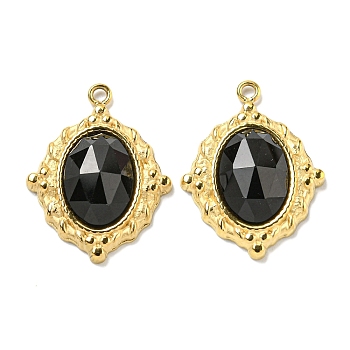 Vacuum Plating 304 Stainless Steel Pendants, Faceted Natural Black Onyx(Dyed & Heated) Oval Charms, Real 18K Gold Plated, 19x15x4mm, Hole: 1.2mm
